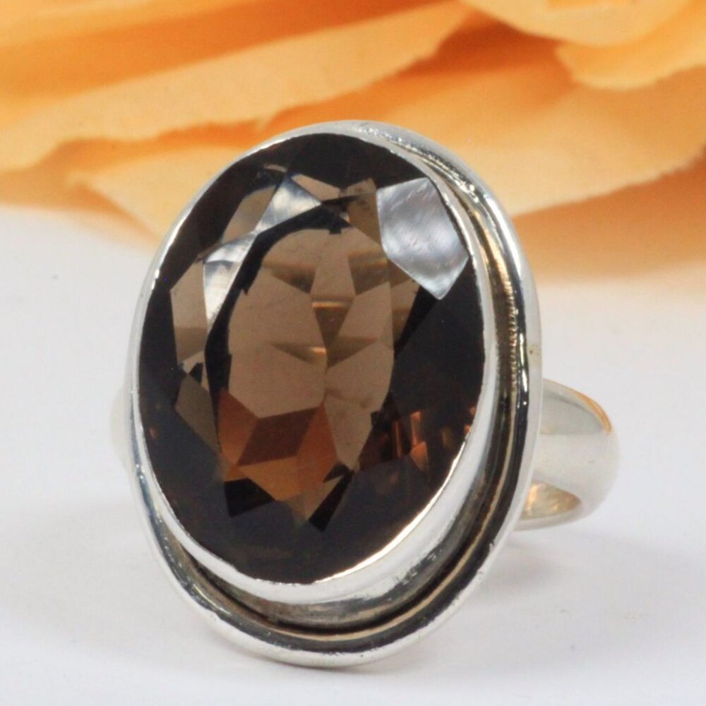 925 Sterling Silver Large Oval Cut Dark Smokey Quartz Ring Size 9.5